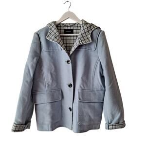Lands' End Wool Blend Jacket Plaid Lined Hooded Coat Light Blue Women's Size 12
